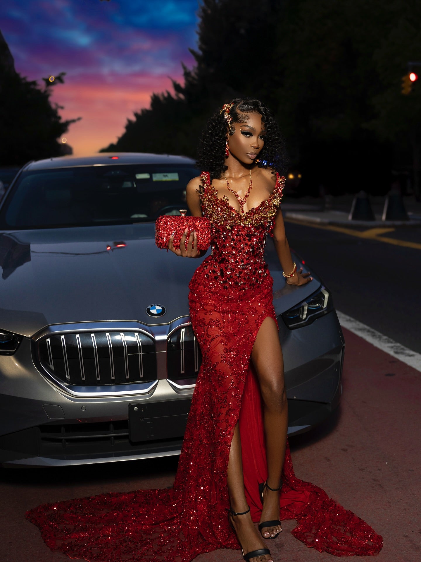 Designer Red V-Neck Sleeveless Mermaid Prom Dress with Sequins and Slit