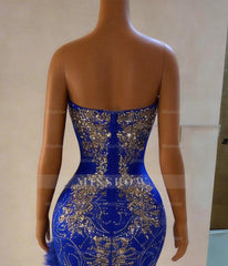 Designer Royal Blue Strapless Long Mermaid Lace Split Front Prom Dress with Veil and Ruffles