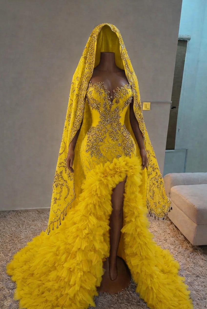 Yellow strapless split-front mermaid prom dress