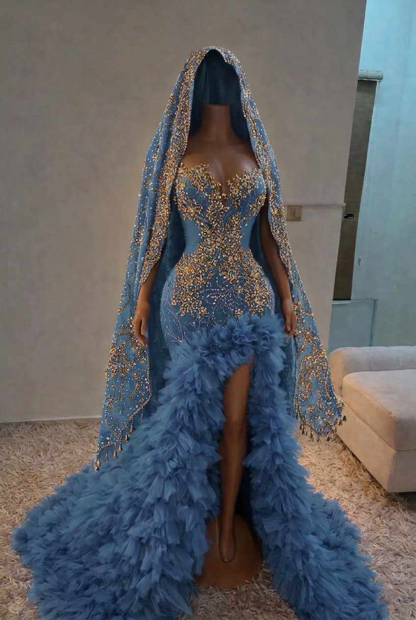 Dusty blue strapless split-front mermaid prom dress