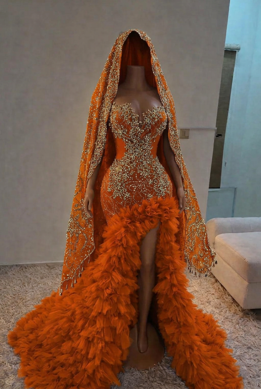 Orange strapless split-front mermaid prom dress