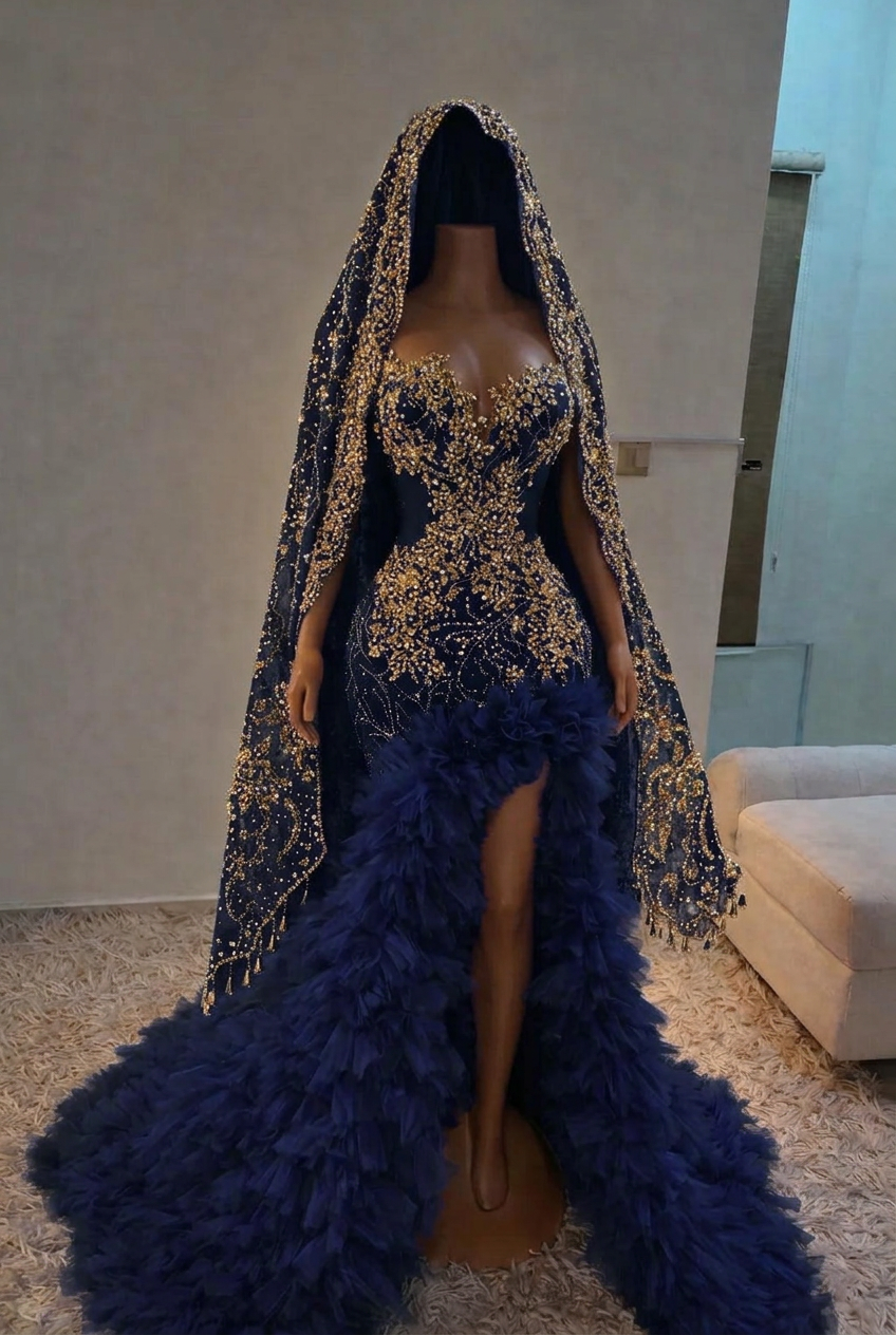 Dark navy strapless split-front mermaid prom dress