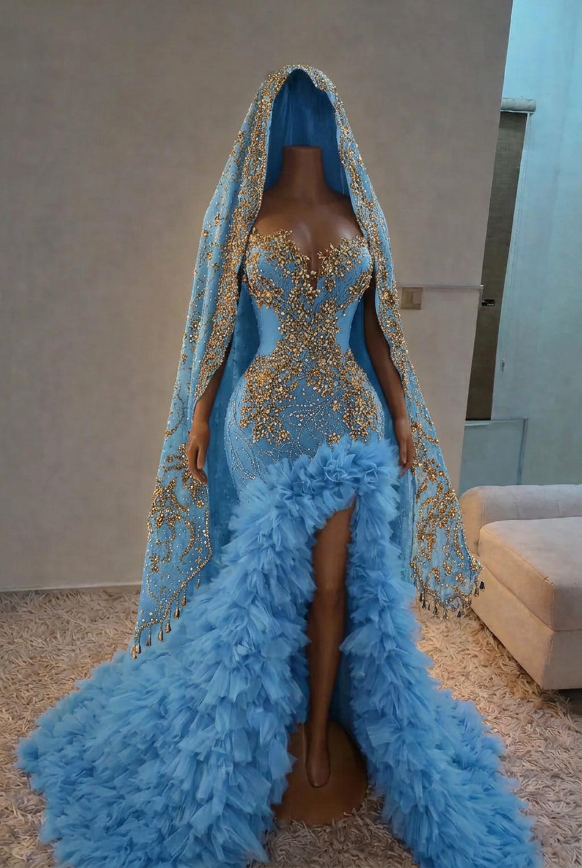 Light blue strapless split-front mermaid prom dress