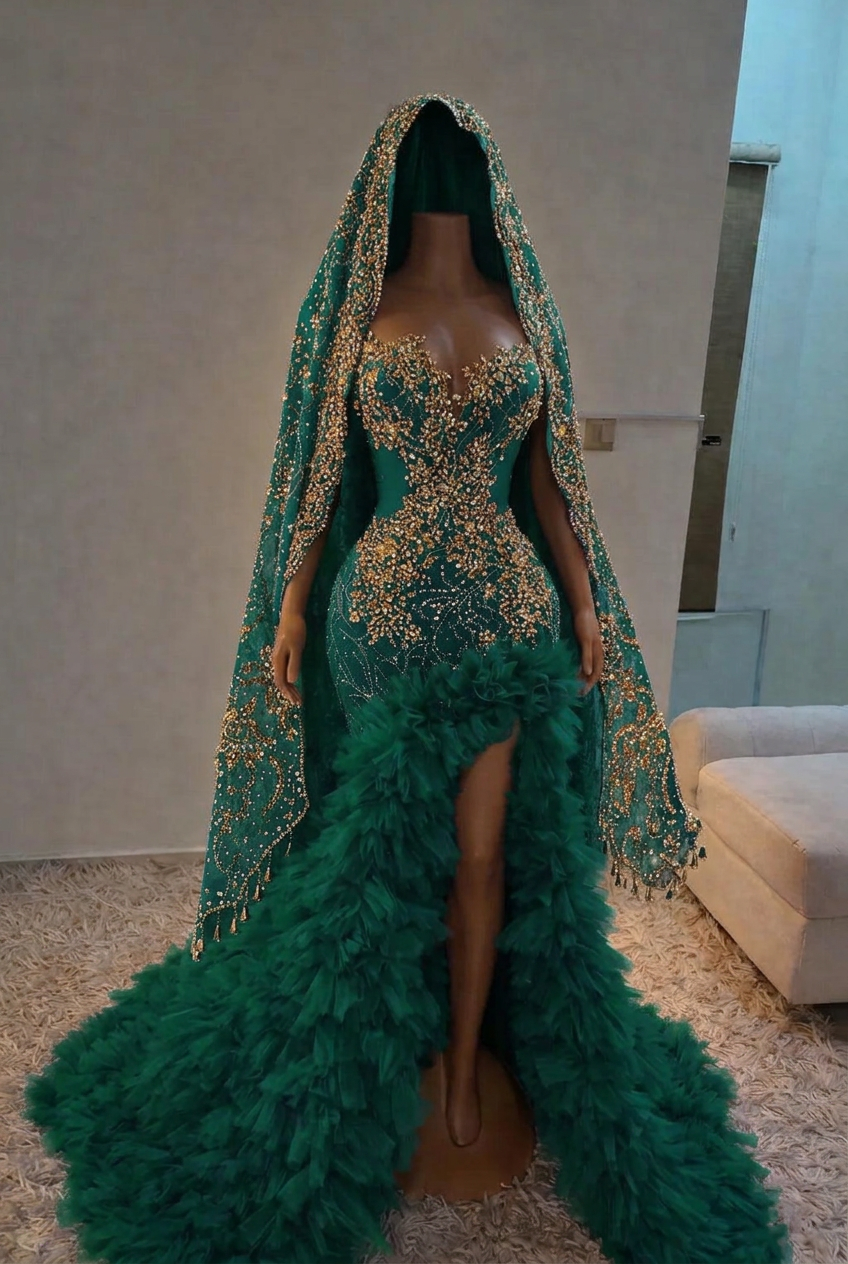 Emerald green strapless split-front mermaid prom dress