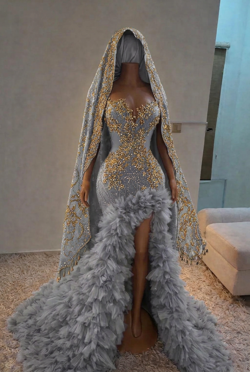 Silver strapless split-front mermaid prom dress