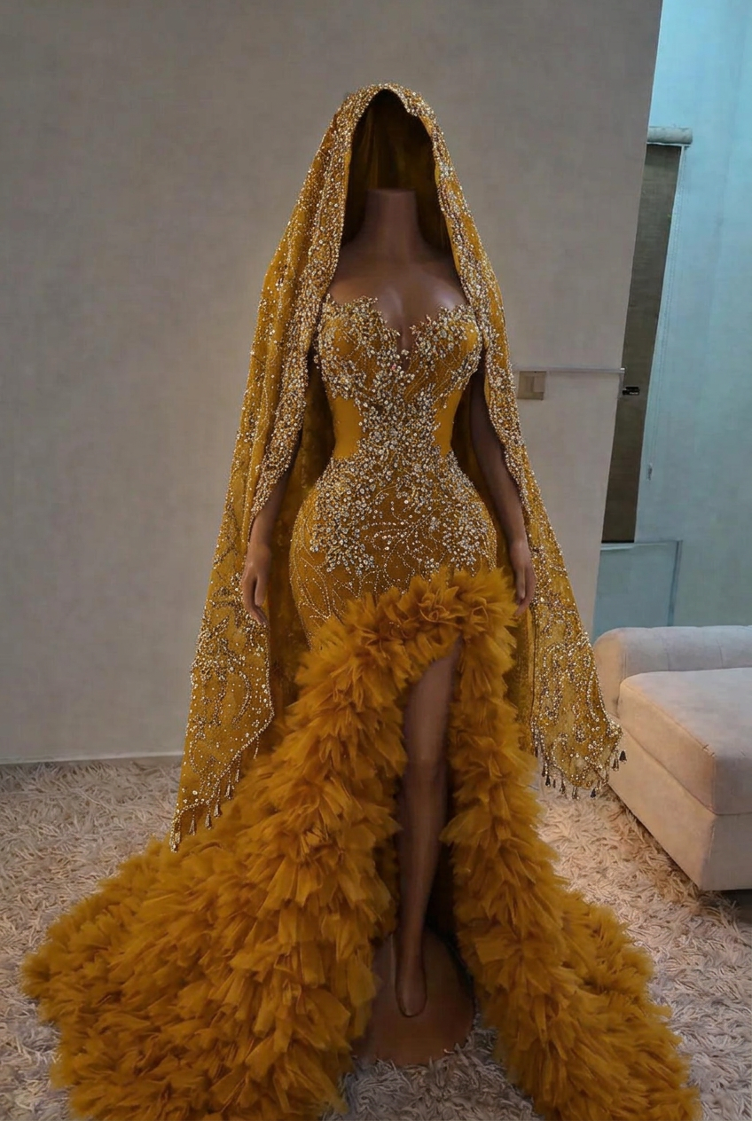 Gold strapless split-front mermaid prom dress