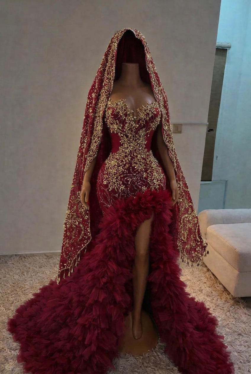 Burgundy strapless split-front mermaid prom dress