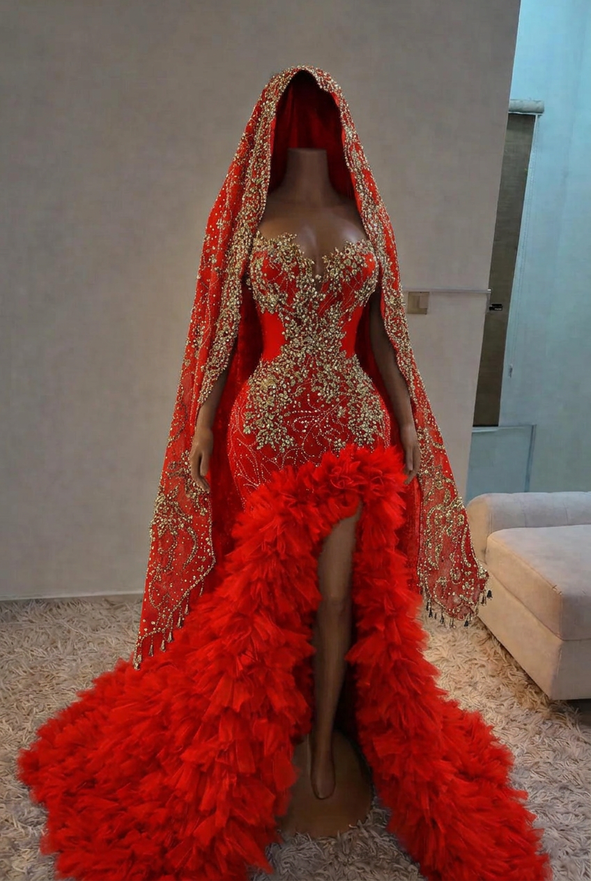 Red strapless split-front mermaid prom dress