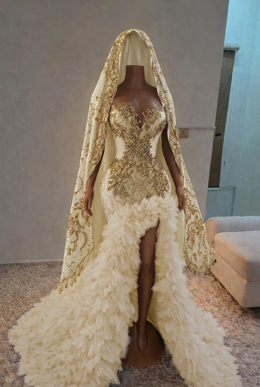Ivory strapless split-front mermaid prom dress