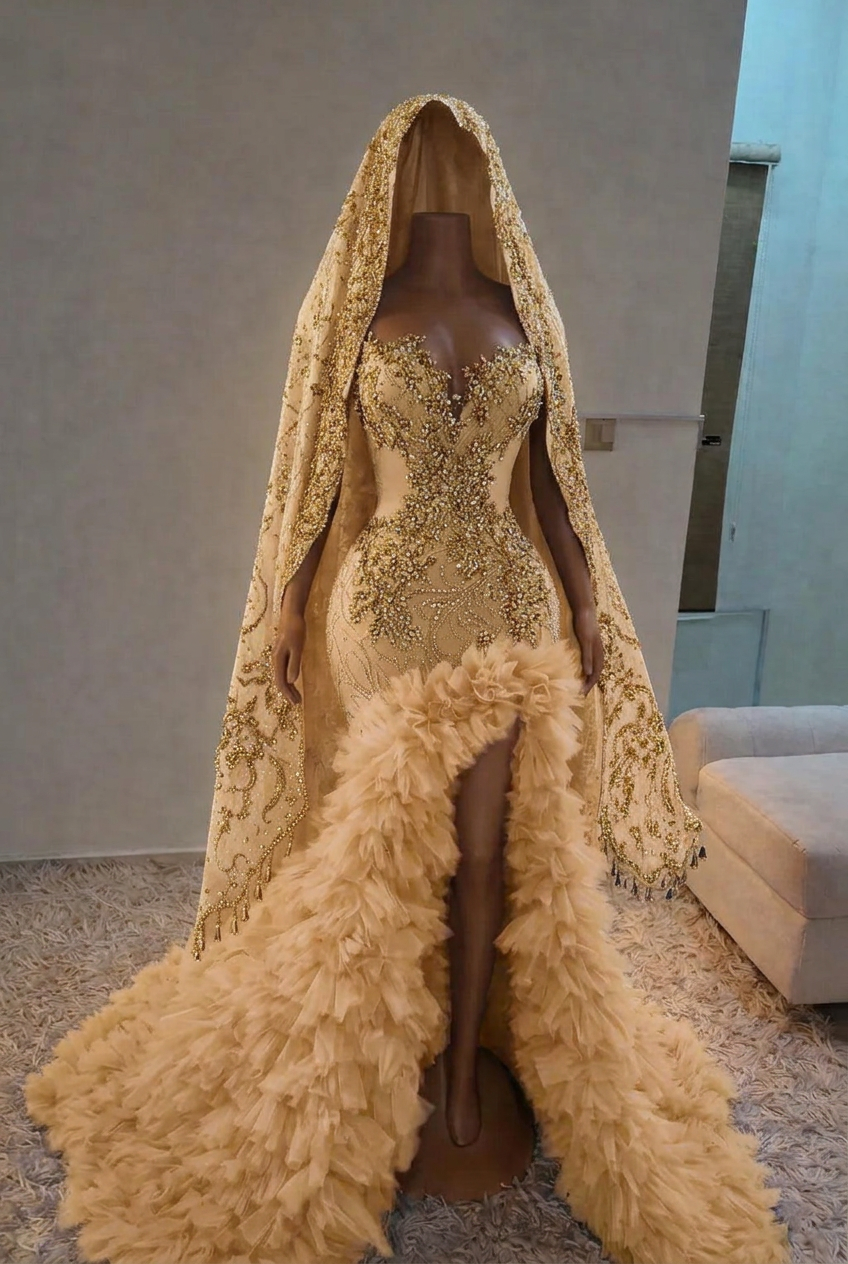 Champagne strapless split-front mermaid prom dress