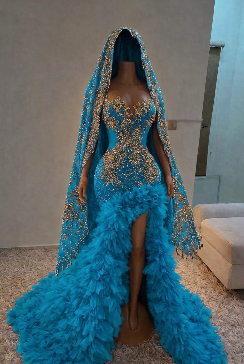 Turquoise strapless split-front mermaid prom dress