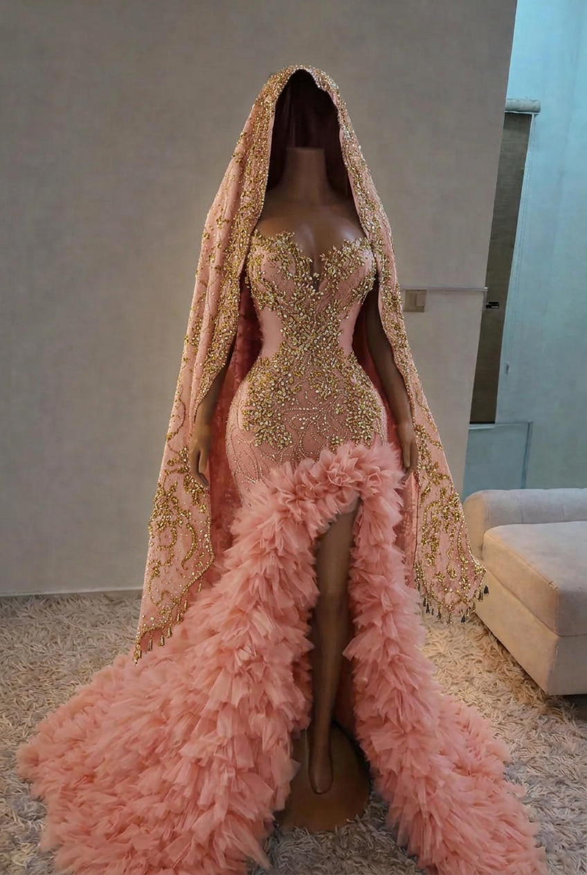 Pearl pink strapless split-front mermaid prom dress