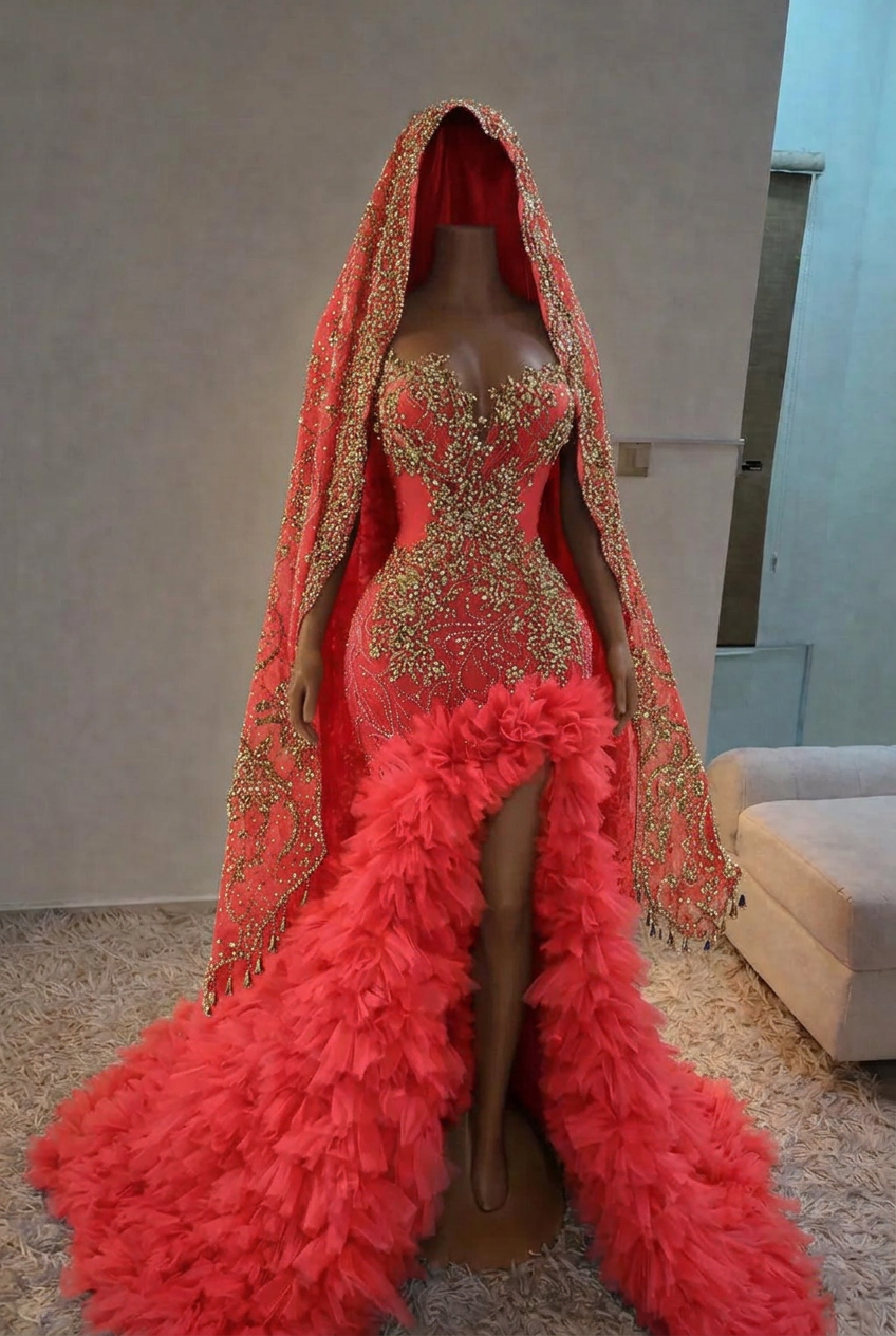 Coral strapless split-front mermaid prom dress