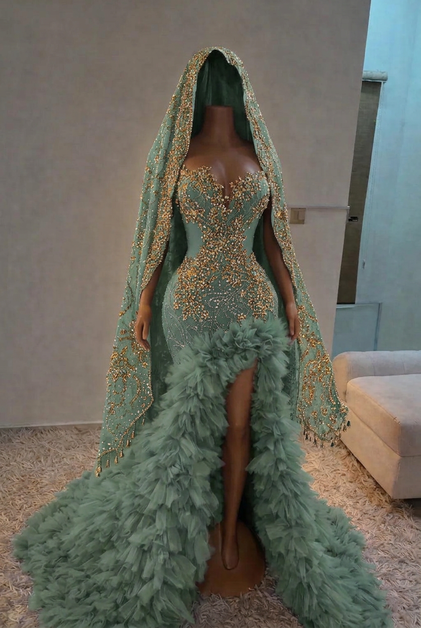 Dusty sage strapless split-front mermaid prom dress