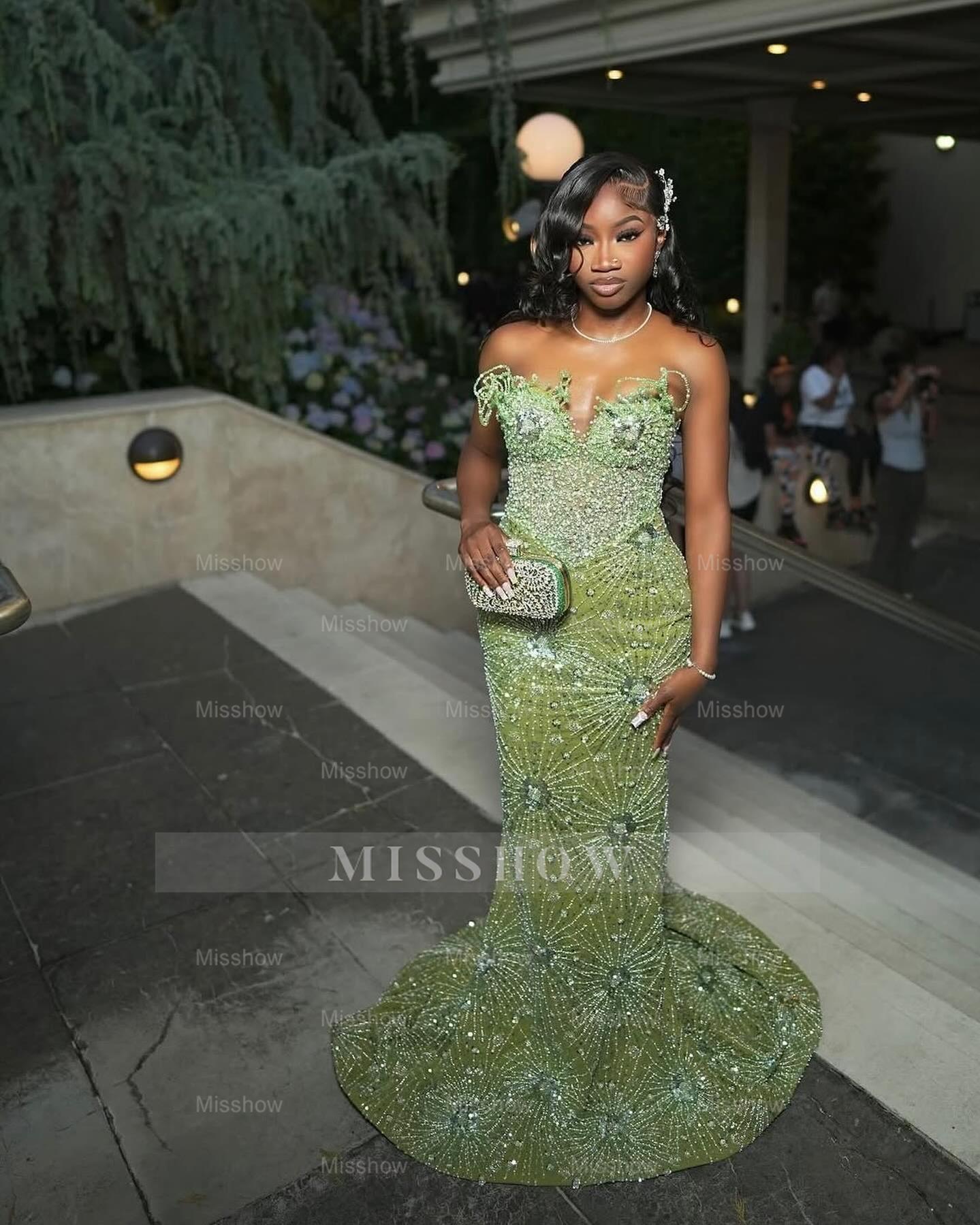 Designer Sage Long Mermaid Lace Beaded Sleeveless Prom Dress