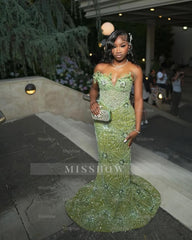 Designer Sage Long Mermaid Lace Beaded Sleeveless Prom Dress