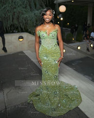 Designer Sage Long Mermaid Lace Beaded Sleeveless Prom Dress