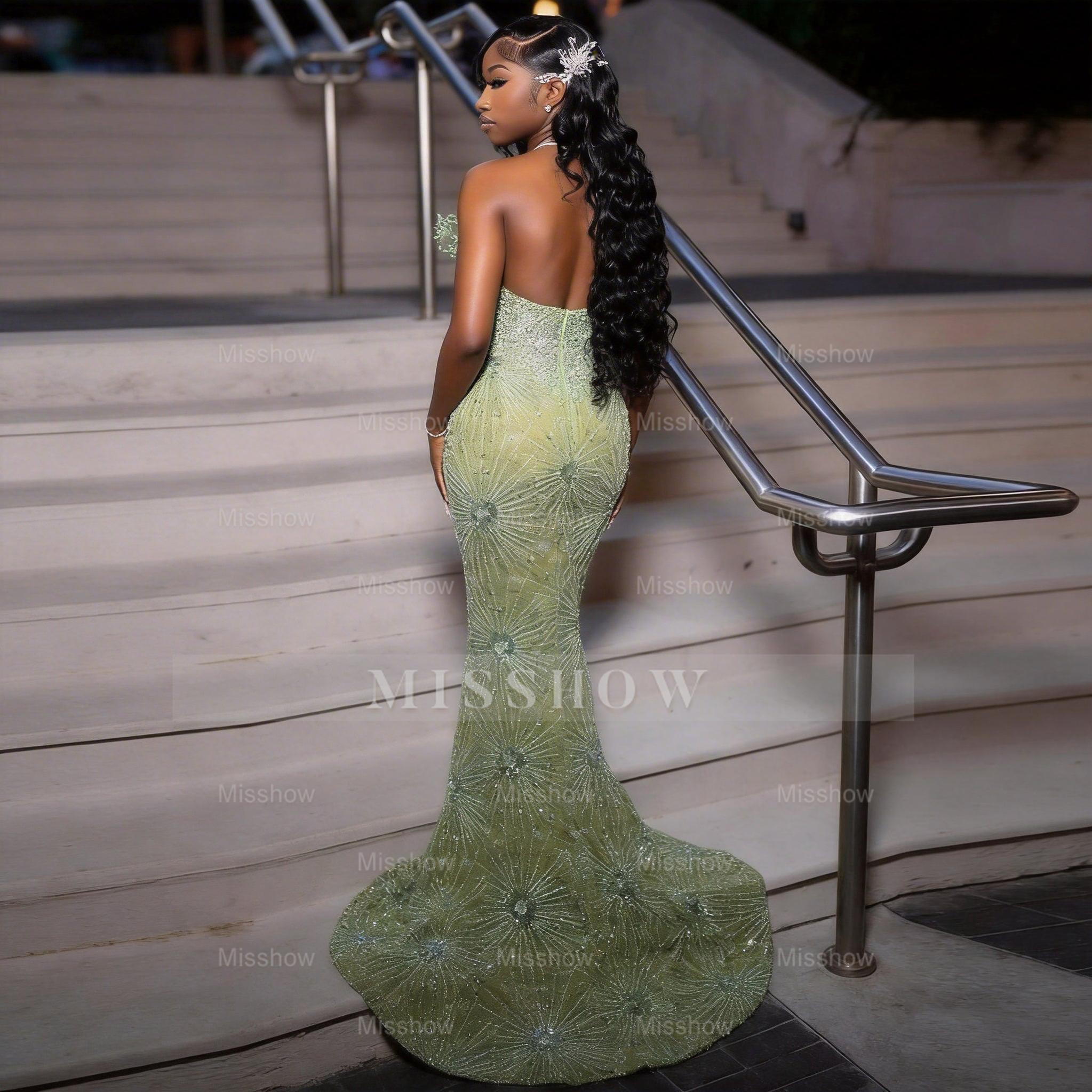 Designer Sage Long Mermaid Lace Beaded Sleeveless Prom Dress