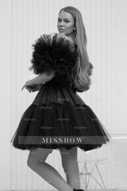 Designer Short Black Off-The-Shoulder Tulle Glitter Homecoming Dresses Designer Short Black Off-The-Shoulder Tulle Glitter Homecoming Dresses