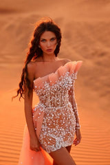 Designer Short Coral One Shoulder Long Sleeve Lace Prom Evening Dresses with Pearls