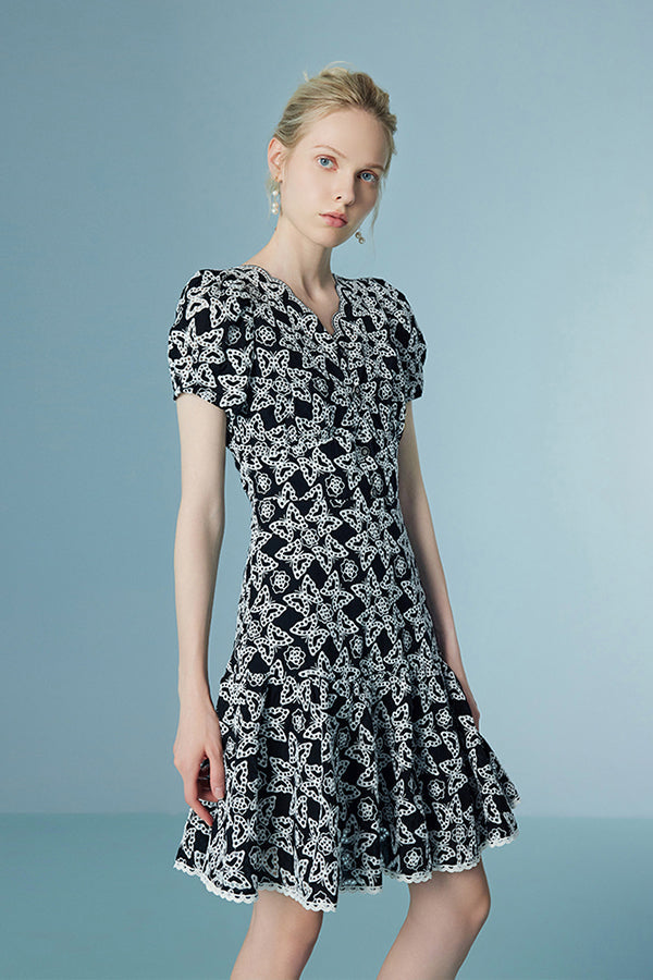 Designer Short Glitter V-neck Dress with Puff Sleeves