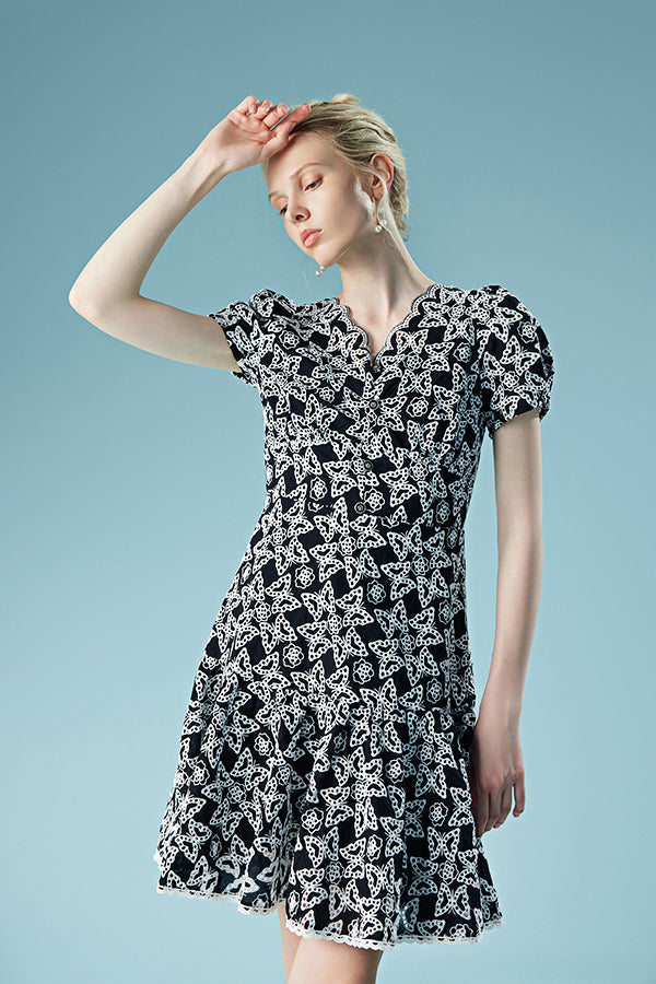 Designer Short Glitter V-neck Dress with Puff Sleeves