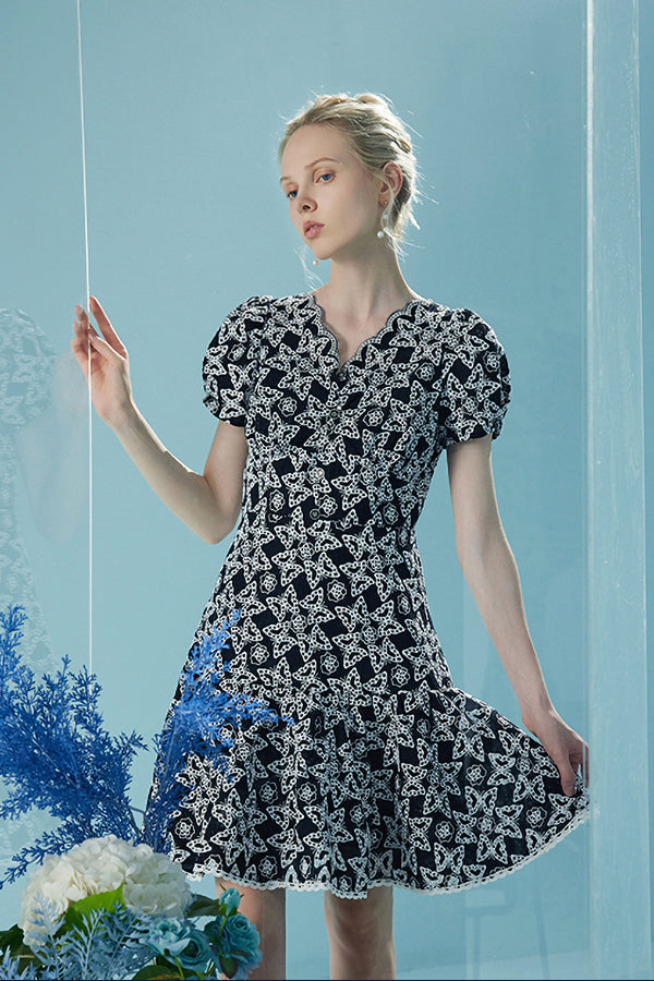 Designer Short Glitter V-neck Dress with Puff Sleeves