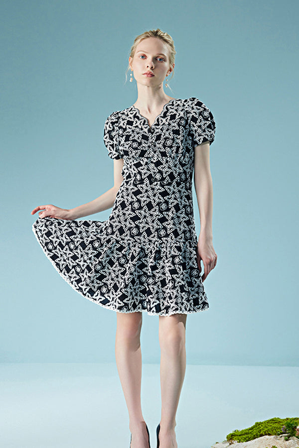 Designer Short Glitter V-neck Dress with Puff Sleeves