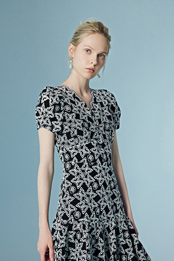 Designer Short Glitter V-neck Dress with Puff Sleeves