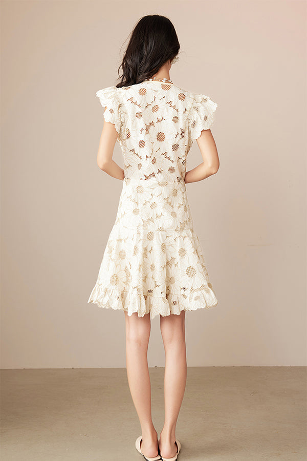 Designer Short Ivory V-neck Lace Dress with Flutter Sleeves