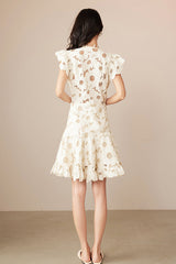 Designer Short Ivory V-neck Lace Dress with Flutter Sleeves