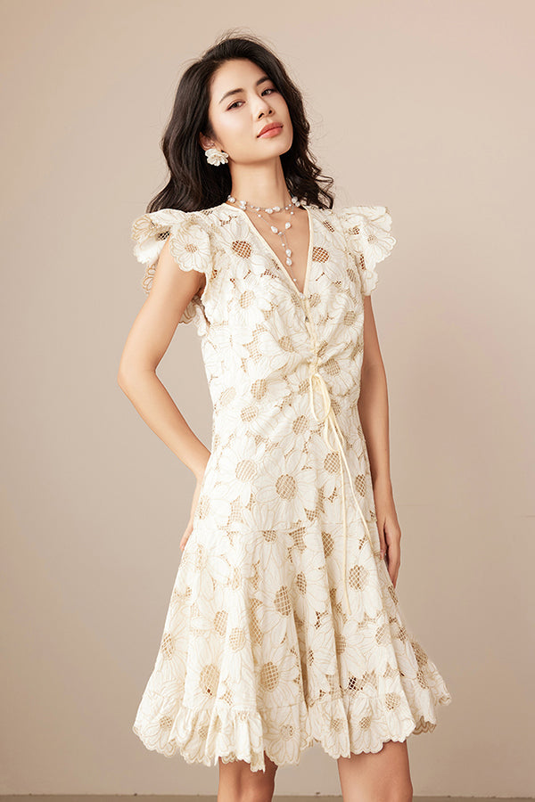 Designer Short Ivory V-neck Lace Dress with Flutter Sleeves
