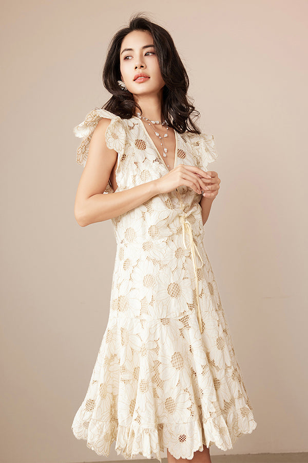 Designer Short Ivory V-neck Lace Dress with Flutter Sleeves