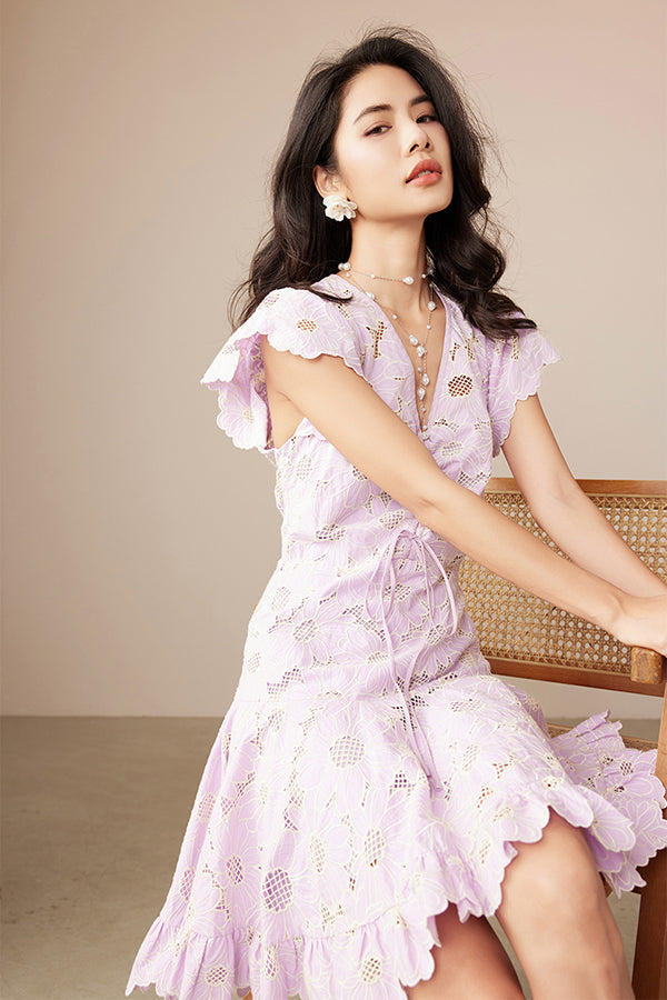 Designer Short Ivory V-neck Lace Dress with Flutter Sleeves