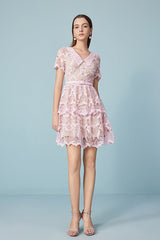 Designer Short Pink V-neck Lace Dress with Short Sleeves