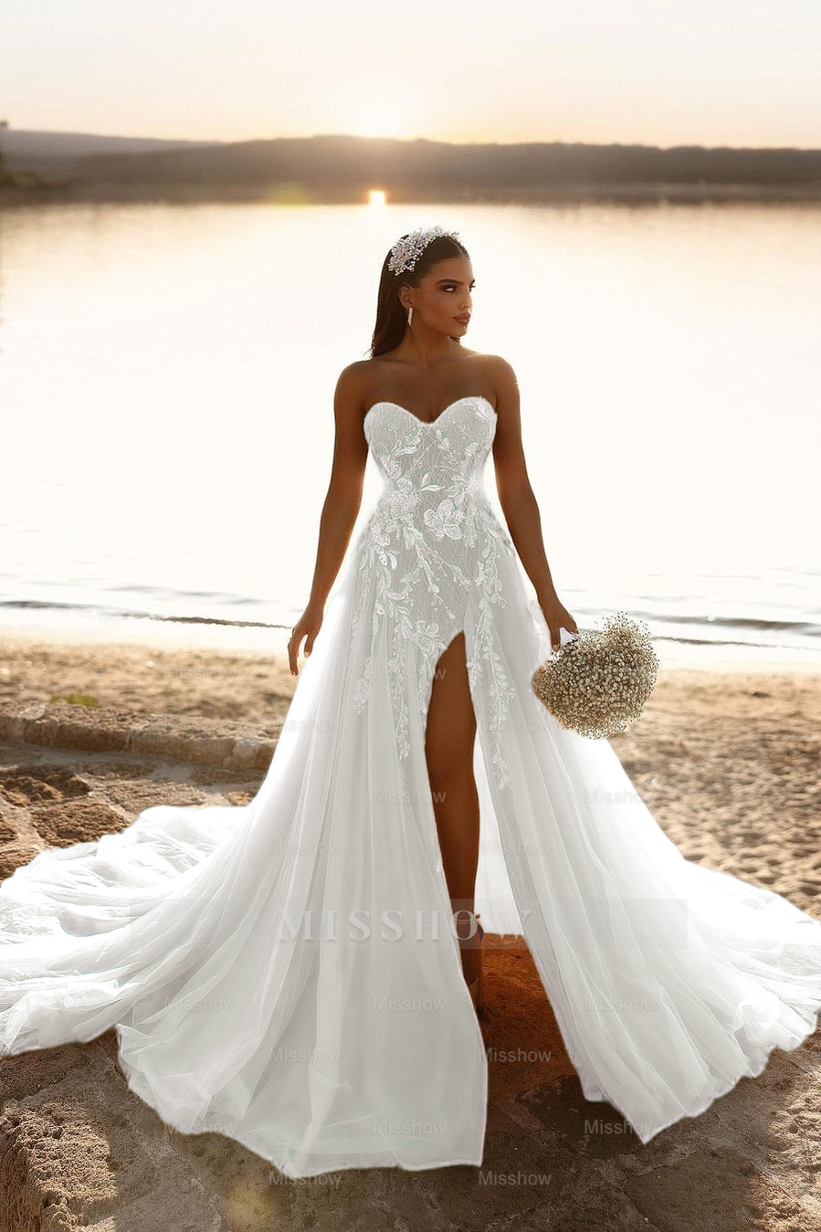 Designer Sweetheart Long A-Line Glitter Lace Wedding Dress with Slit Designer Sweetheart Long A-Line Glitter Lace Wedding Dress with Slit