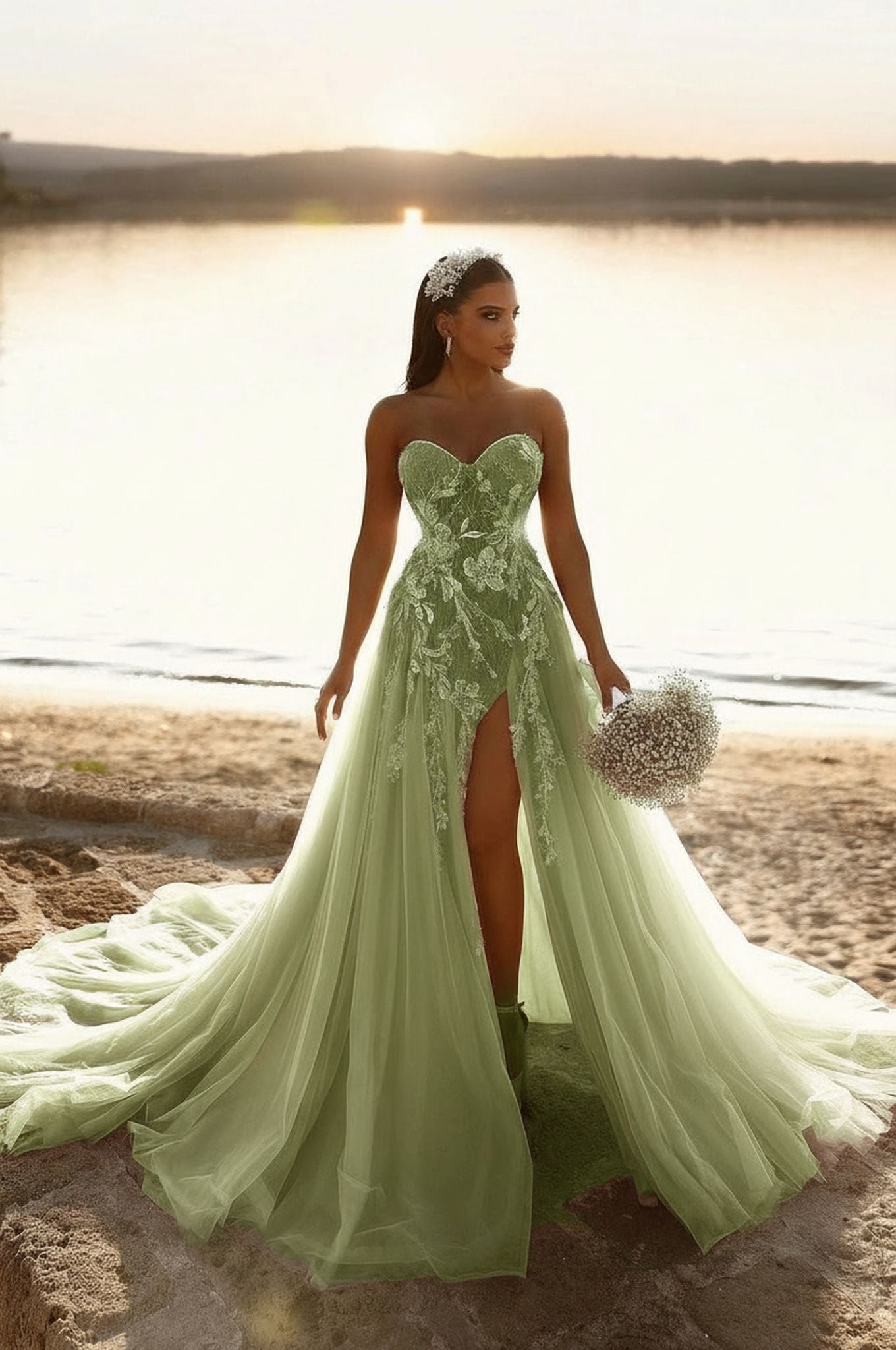 Designer Sweetheart Long A-line Glitter Lace Wedding Dress With Slit misshow.com Designer Sweetheart Long A-line Glitter Lace Wedding Dress With Slit misshow.com