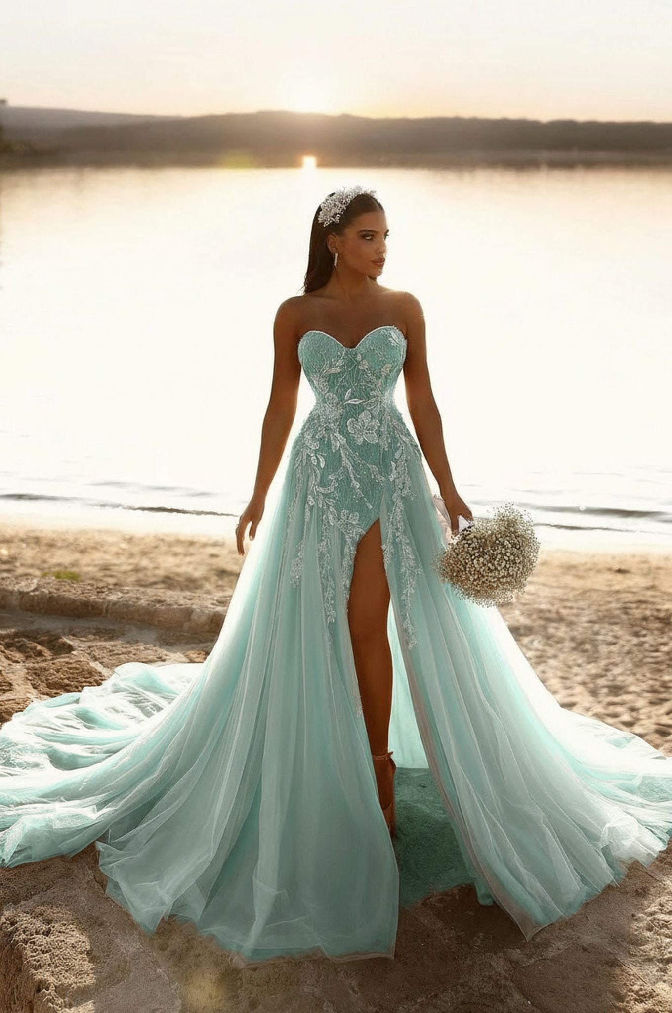 Designer Sweetheart Long A-line Glitter Lace Wedding Dress With Slit misshow.com Designer Sweetheart Long A-line Glitter Lace Wedding Dress With Slit misshow.com
