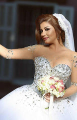 White scoop rhinestone ball gown wedding dress