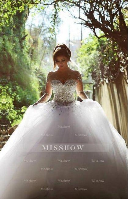 White scoop rhinestone ball gown wedding dress