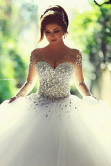 White scoop rhinestone ball gown wedding dress
