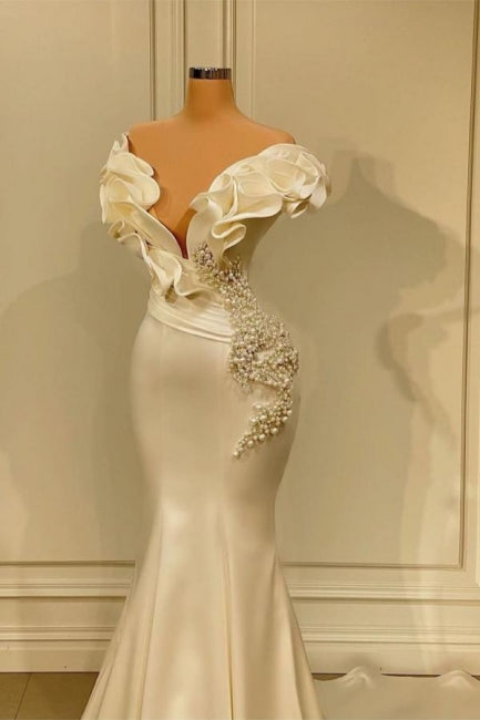Designer White Long Pearl Ruffle Evening Dresses