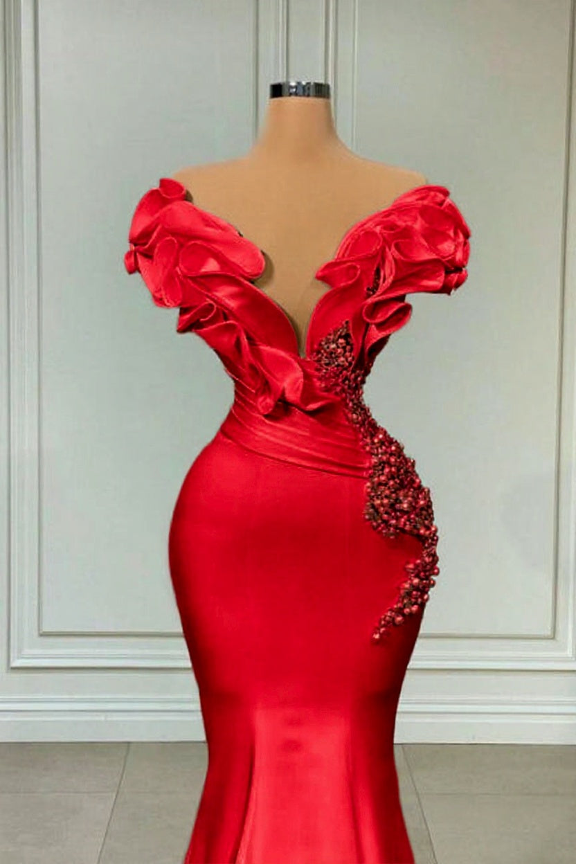 Designer White Long Pearl Ruffle Evening Dresses