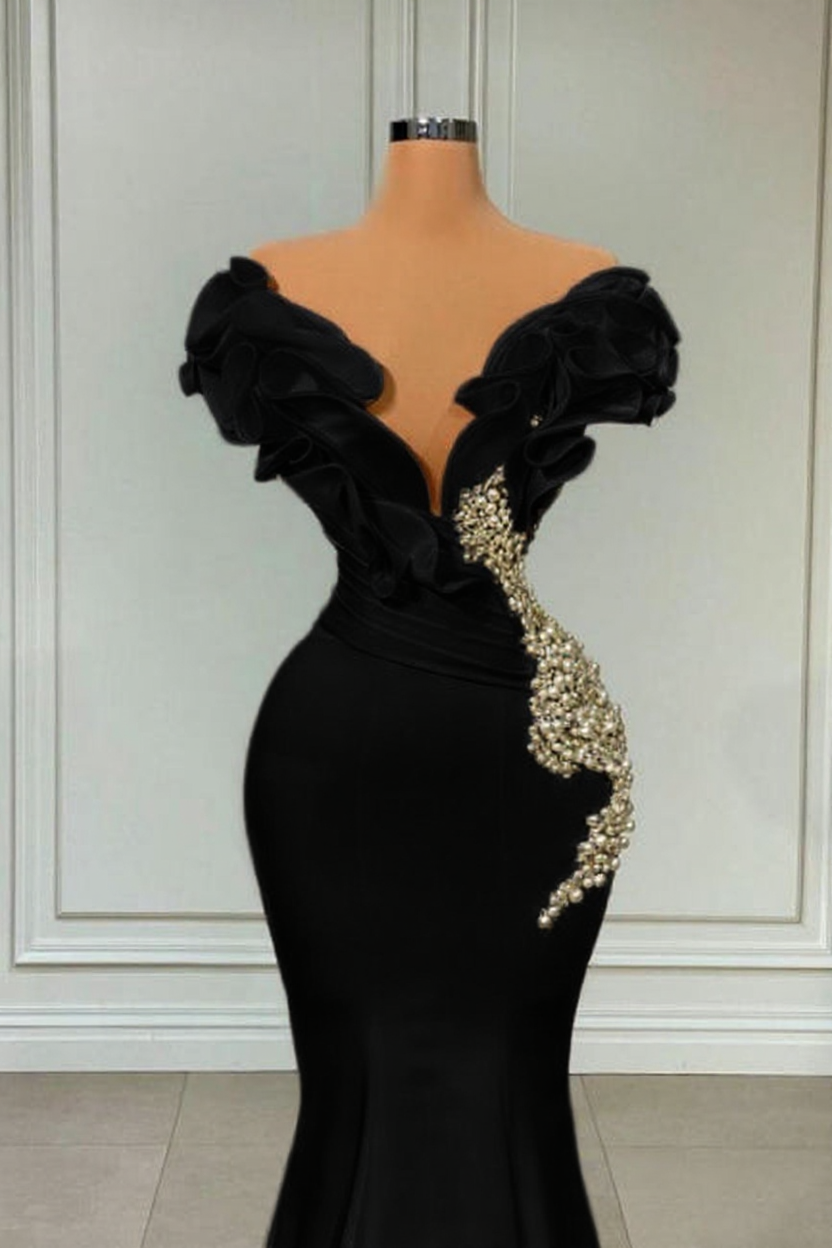 Designer White Long Pearl Ruffle Evening Dresses