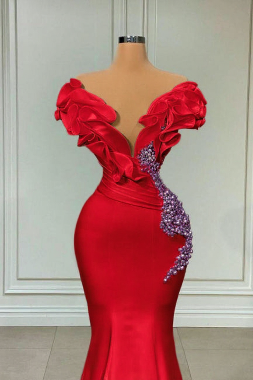 Designer White Long Pearl Ruffle Evening Dresses