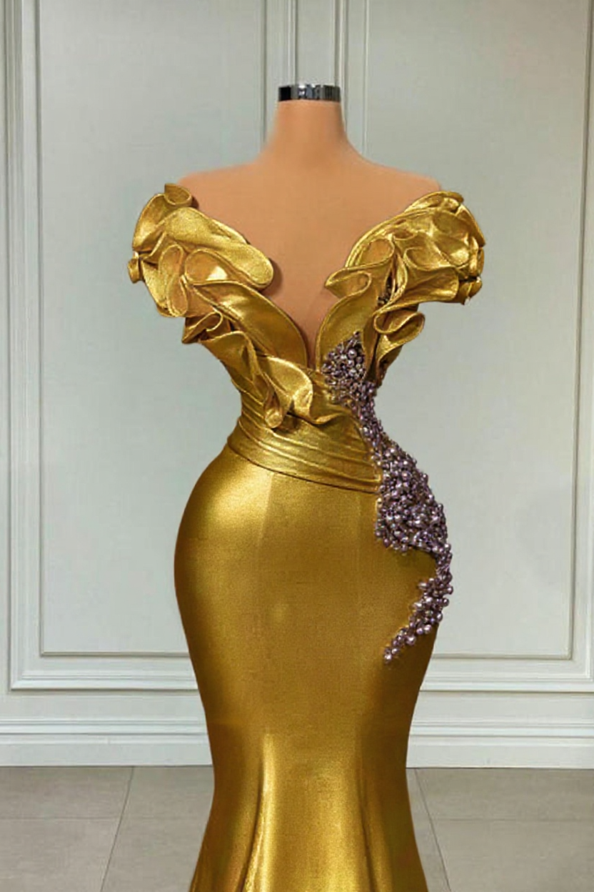 Designer White Long Pearl Ruffle Evening Dresses