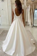 Designer White Long V-neck A-Line Satin Sleeveless Backless Wedding Dress