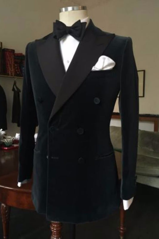 Double Breasted Onyx Peaked Lapel Latest Velvet Prom Attire