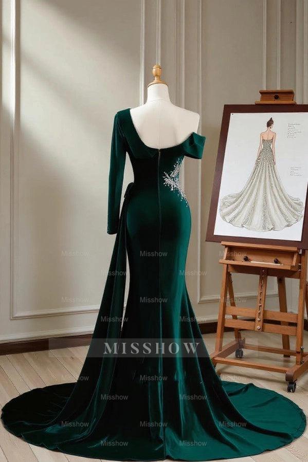 Dramatic Dark Green One Shoulder Long-Sleeve Mermaid Formal Dress with Appliques