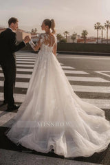 Dreamy Ivory Crew Long Sleeves A-line Wedding Dress with Appliques and Chapel Train